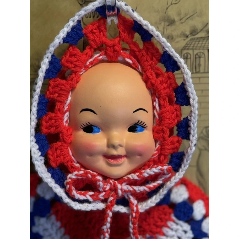 Kewpie Doll Crochet Potholder Set | Handmade Red White & Blue | Americana